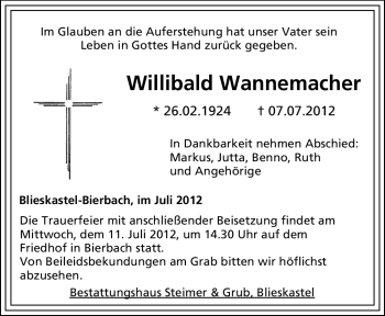 Todesanzeige von Willibald Wannemacher von SAARBRÜCKER ZEITUNG
