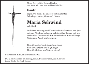Todesanzeige von Maria Schwind von SAARBRÜCKER ZEITUNG