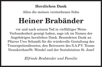 Todesanzeige von Heiner Brabänder von SAARBRÜCKER ZEITUNG