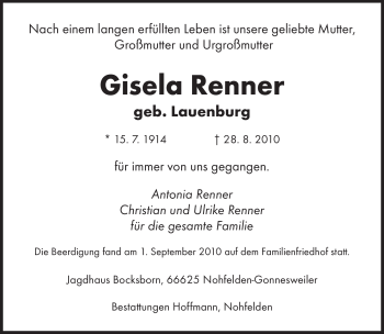 Todesanzeige von Gisela Renner von SAARBRÜCKER ZEITUNG
