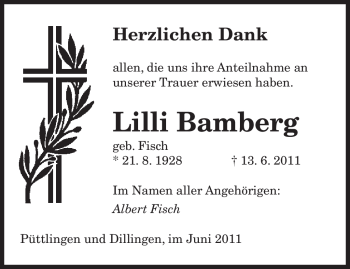 Todesanzeige von Lilli Bamberg von SAARBRÜCKER ZEITUNG
