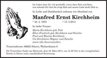 Todesanzeige von Manfred Ernst Kirchheim von SAARBRÜCKER ZEITUNG