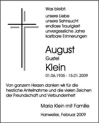 Todesanzeige von August Klein von SAARBRÜCKER ZEITUNG