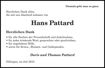 Todesanzeige von Hans Pattard von saarbruecker_zeitung