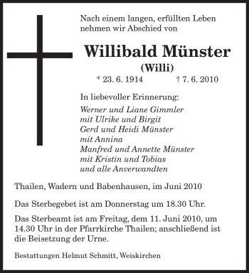 Todesanzeige von Willibald Münster von SAARBRÜCKER ZEITUNG