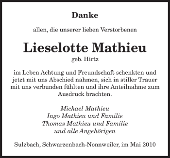 Todesanzeige von Lieselotte Mathieu von SAARBRÜCKER ZEITUNG