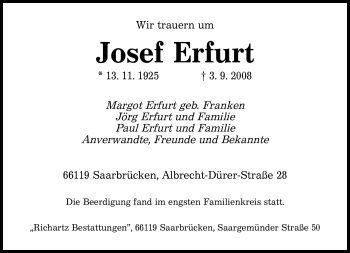 Todesanzeige von Josef Erfurt von SAARBRÜCKER ZEITUNG