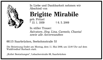 Todesanzeige von Brigitte Mirabile von SAARBRÜCKER ZEITUNG