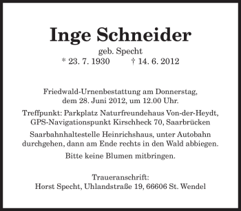 Todesanzeige von Inge Schneider von SAARBRÜCKER ZEITUNG