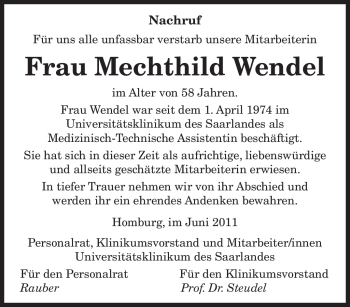 Todesanzeige von Mechthild Wendel von SAARBRÜCKER ZEITUNG