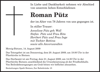 Todesanzeige von Roman Pütz von SAARBRÜCKER ZEITUNG