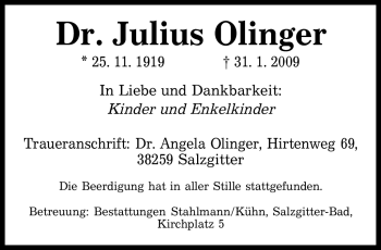 Todesanzeige von Julius Olinger von SAARBRÜCKER ZEITUNG