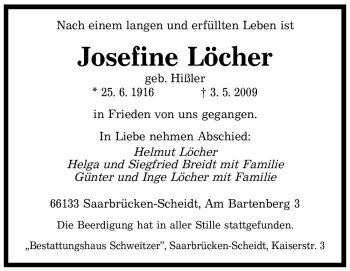 Todesanzeige von Josefine Löcher von SAARBRÜCKER ZEITUNG
