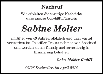 Todesanzeige von Sabine Molter von saarbruecker_zeitung