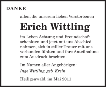 Todesanzeige von Erich Wittling von SAARBRÜCKER ZEITUNG