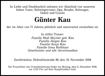 Todesanzeige von Günter Kau von SAARBRÜCKER ZEITUNG