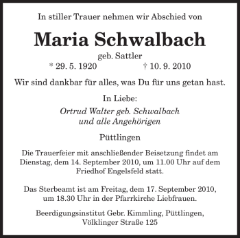 Todesanzeige von Maria Schwalbach von SAARBRÜCKER ZEITUNG