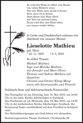 Todesanzeige von Lieselotte Mathieu von SAARBRÜCKER ZEITUNG