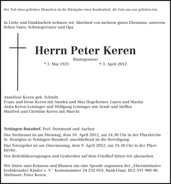 Todesanzeige von Peter Keren 