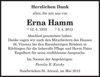 Todesanzeige von Erna Hamm von SAARBRÜCKER ZEITUNG