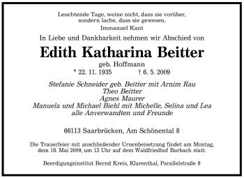 Todesanzeige von Edith Katharina Beitter von SAARBRÜCKER ZEITUNG
