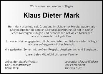 Todesanzeige von Klaus Dieter Mark von saarbruecker_zeitung