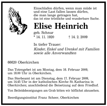 Todesanzeige von Elise Heinrich von SAARBRÜCKER ZEITUNG