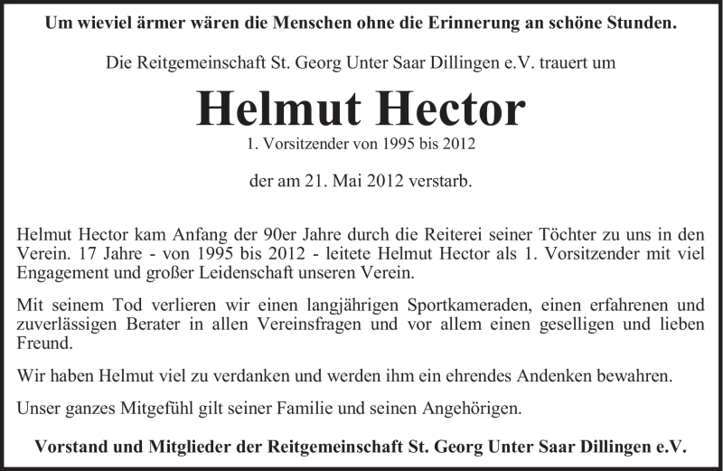  Traueranzeige für Helmut Hector vom 26.05.2012 aus SAARBRÜCKER ZEITUNG