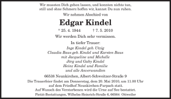 Todesanzeige von Edgar Kindel von SAARBRÜCKER ZEITUNG