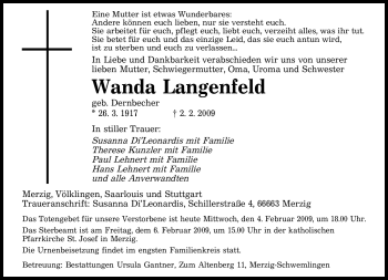 Todesanzeige von Wanda Langenfeld von SAARBRÜCKER ZEITUNG