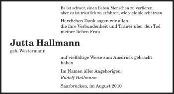 Todesanzeige von Jutta Hallmann von SAARBRÜCKER ZEITUNG