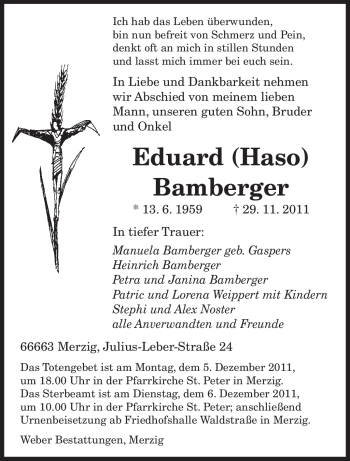 Todesanzeige von Eduard Bamberger von SAARBRÜCKER ZEITUNG