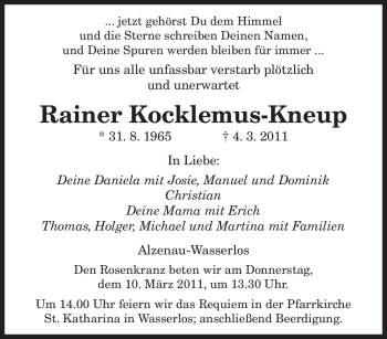 Todesanzeige von Rainer Kocklemus-Kneup von SAARBRÜCKER ZEITUNG