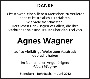 Todesanzeige von Agnes Wagner von SAARBRÜCKER ZEITUNG