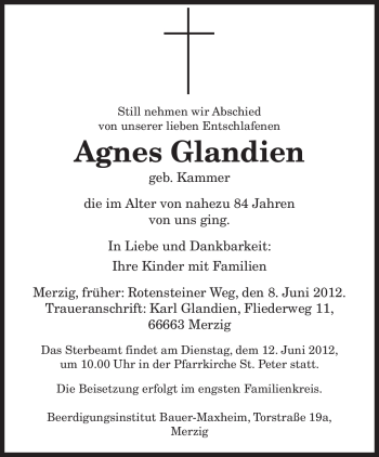 Todesanzeige von Agnes Glandien von SAARBRÜCKER ZEITUNG