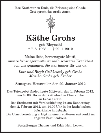 Todesanzeige von Käthe Grohs von SAARBRÜCKER ZEITUNG