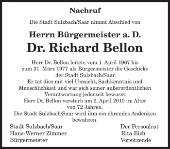 Todesanzeige von Richard Bellon von SAARBRÜCKER ZEITUNG