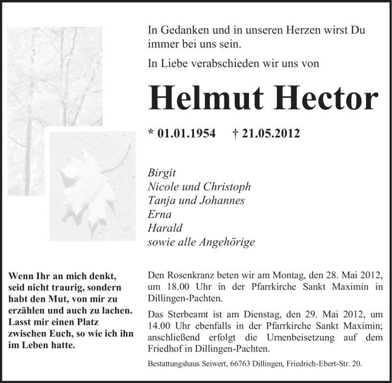  Traueranzeige für Helmut Hector vom 26.05.2012 aus SAARBRÜCKER ZEITUNG