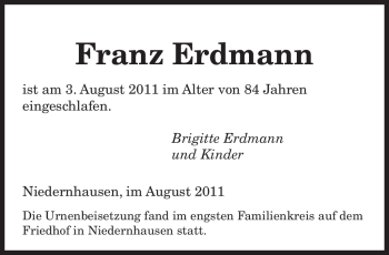 Todesanzeige von Franz Erdmann von SAARBRÜCKER ZEITUNG
