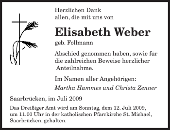 Todesanzeige von Elisabeth Weber von SAARBRÜCKER ZEITUNG