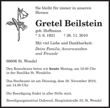 Todesanzeige von Gretel Beilstein von SAARBRÜCKER ZEITUNG