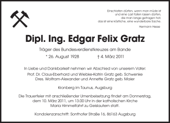 Todesanzeige von Edgar Felix Gratz von SAARBRÜCKER ZEITUNG