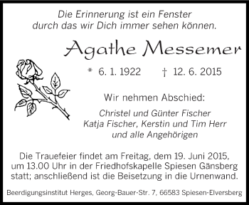 Todesanzeige von Agathe Messemer von saarbruecker_zeitung