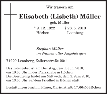 Todesanzeige von Elisabeth Müller von SAARBRÜCKER ZEITUNG