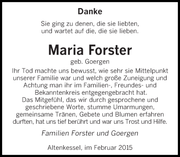 Todesanzeige von Maria Forster von saarbruecker_zeitung