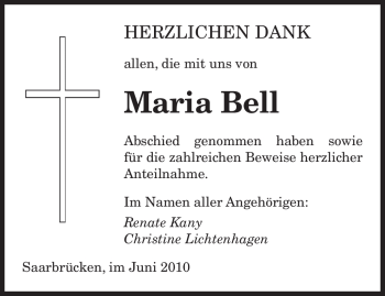 Todesanzeige von Maria Bell von SAARBRÜCKER ZEITUNG