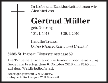 Todesanzeige von Gertrud Müller von SAARBRÜCKER ZEITUNG