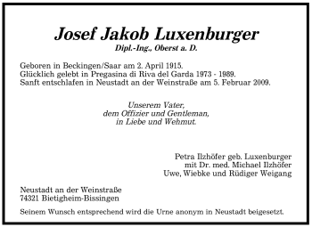 Todesanzeige von Josef Jakob Luxenburger von SAARBRÜCKER ZEITUNG
