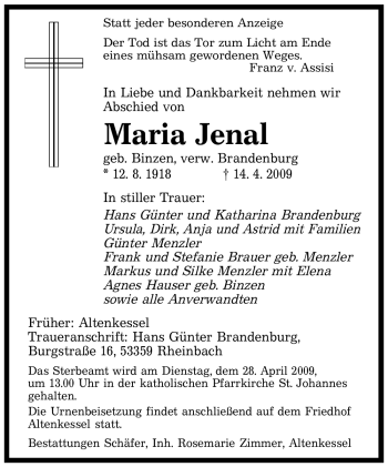 Todesanzeige von Maria Jenal von SAARBRÜCKER ZEITUNG