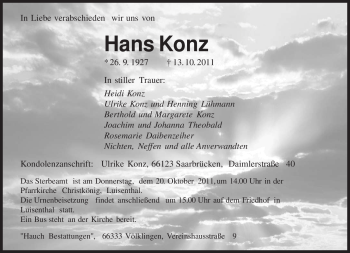 Todesanzeige von Hans Konz von SAARBRÜCKER ZEITUNG